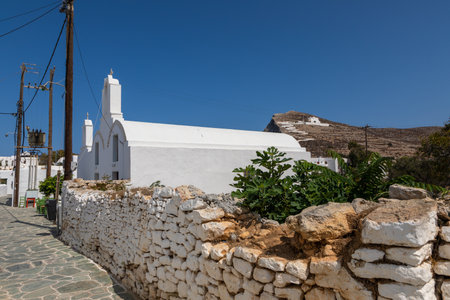 View of the Church of Virgin Mary, of Panaghia, above the village of Chora on Folegandros island, Greece.の写真素材