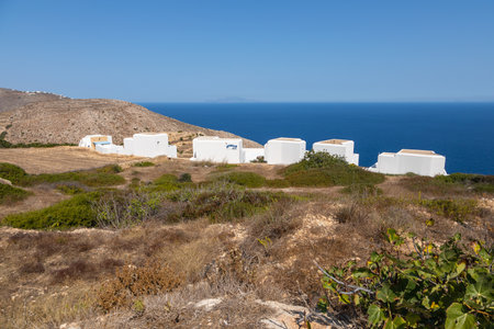 Folegandros Island, Greece - 23 September 2020: View of the white villas of the Anemoussa Hotel. Aegean Sea in the background.のeditorial素材