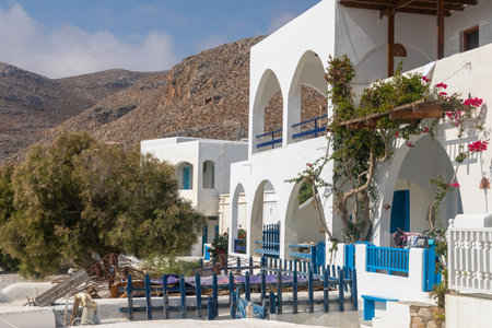 Folegandros Island, Greece - 24 September 2020: Characteristic Greek buildings in the center small, port town.のeditorial素材
