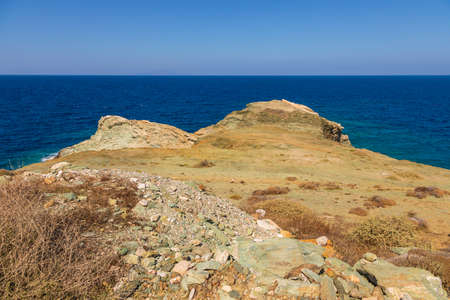 View of the coast of the island of Folegandros in summer sunny day. Aegean Sea, Cyclades Archipelago, Greece.の写真素材