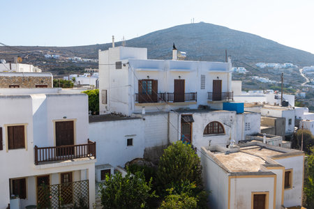 Folegandros Island, Chora, Greece - 25 September 2020: A narrow side street in Chora, old town. Characteristic Greek buildings.のeditorial素材