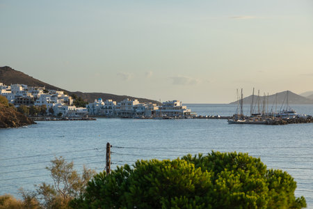 Piso Livadi, Paros Island, Greece - 27 September 2020: View of the port with traditional, white buildings.のeditorial素材
