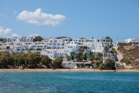 Naousa, Paros Island, Greece - 27 September 2020: View of the small port town on the island of Paros. White villas on the hill of the island. Cyclades Archipelago, Greece.のeditorial素材