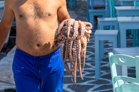 A man carrying a freshly caught octopus. Naoussa, small fishing village, Paros Island, Greece.の写真素材