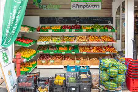 Antiparos Island, Greece - 28 September 2020: Stands with local fruits and vegetables in the center of Antiparos Port.のeditorial素材