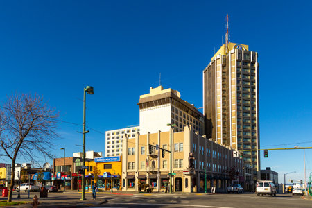 Anchorage, Alaska, USA - September 30, 2016: Modern buildings in the center of town. Downtown Anchorage. Sunny evening.のeditorial素材