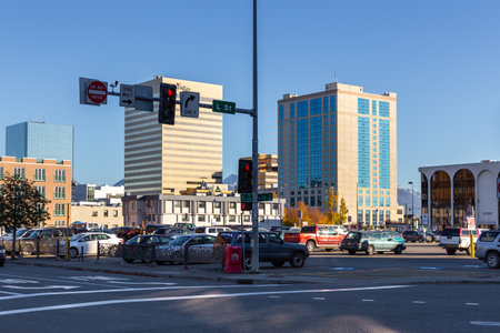 Anchorage, Alaska, USA - September 30, 2016: Modern buildings in the center of town. Downtown...
