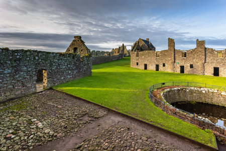 Stonehaven, Aberdeenshire, Scotland, UK - 04 February 2016: View of the ruins courtyard of the 13th century Dunnottar Castle, medieval fortress. Aberdeenshire, Stonehaven, Scotland, United Kingdom.のeditorial素材