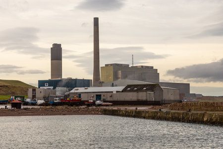 Peterhead, Aberdeenshire, Scotland, UK - February 05, 2016: View of the industrial area. A port and shipyard in a small Scottish town on the shores of the North Sea.のeditorial素材