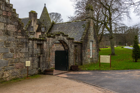 Inverurie, Scotland, UK - 06 February, 2016: The rear side of ancient Castle Fraser in Sauchen, Inverurie, Scotland and green gardens.のeditorial素材
