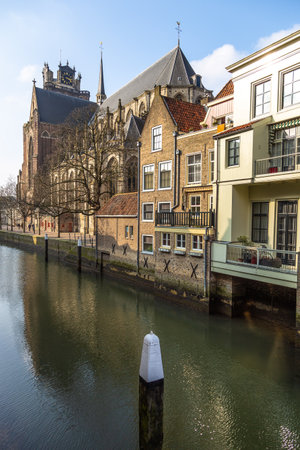 Dordrecht, Netherlands - March 11, 2016: View of the Dordrecht Minster or Church of Our Lady, Grote Kerk. Large church in the Brabantine Gothic style.Protestant Church in the Netherlands.のeditorial素材