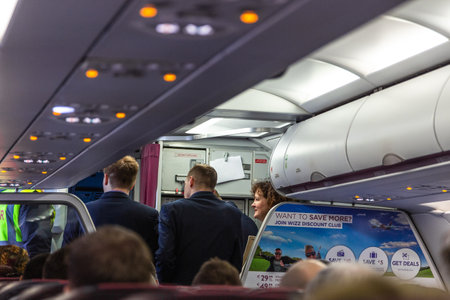 Poland, Gdansk - March 11, 2016: The inside of Wizzair Airlines Airbus A320 airplane. All seats are...