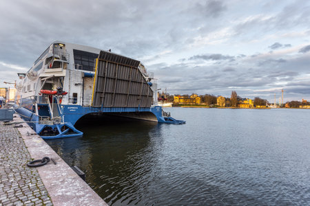 Stockholm, Sweden - April 18, 2016: Ship moored at Riddarholmen Island in Gamla Stan. Center of capital city.のeditorial素材