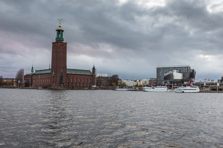 Stockholm, Sweden - April 18, 2016: View of the Stadshuset, Stockholm City Hall on Kungsholmen island from Evert Taubes Terrass.のeditorial素材
