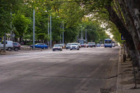 Chisinau, Kishinev, Republic of Moldova - 30 April 2016: View of the Center Chisinau, cars on the Constantin Negruzzi boulevard. Capital city.のeditorial素材