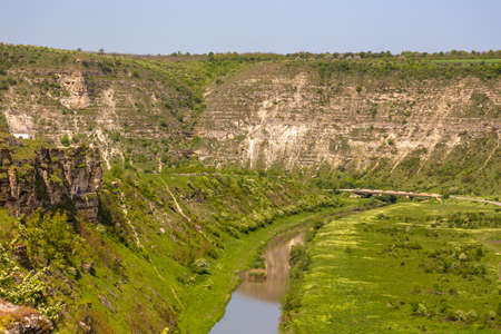 A view of the Reut river valley in Trebujeni, natural landscape of limestone rock. Republic of Moldova.の写真素材
