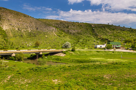 A view of the Reut river valley in Trebujeni, natural landscape of limestone rock. Republic of Moldova.の写真素材
