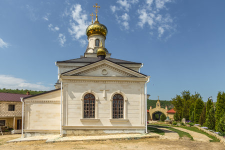 Butuceny, Republic of Moldova - 01 May 2016: A view of the on St. Mary Church in Reut river valley,...
