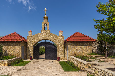 Butuceny, Republic of Moldova - 01 May 2016: A view of the on St. Mary Church in Reut river valley, natural landscape of limestone rock.のeditorial素材