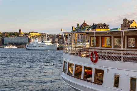 Stockholm, Sweden - May 29, 2016: Tourist ship moored at Riddarholmen Island in Gamla Stan. Center of capital city.のeditorial素材
