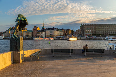 Stockholm, Sweden - May 29, 2016: View of the old town of Gamla Stan from the Sodra Blasieholmshamnen waterfront.のeditorial素材