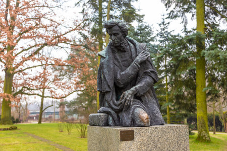 Zelazowa Wola, Poland - 03 February 2018: The Frederic Chopin monument at Zelazowa Wola is a notable Zelazowa Wola statue, located in a park adjacent to Chopin birth house.のeditorial素材