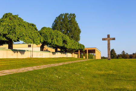 View of the big cross on the Skogskyrkogarden, Woodland Cemetery located in the Gamla Enskede district south of central Stockholm, Sweden.のeditorial素材