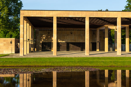 View of the crematorium in the Skogskyrkogarden, Woodland Cemetery located in the Gamla Enskede district south of central Stockholm, Sweden.のeditorial素材