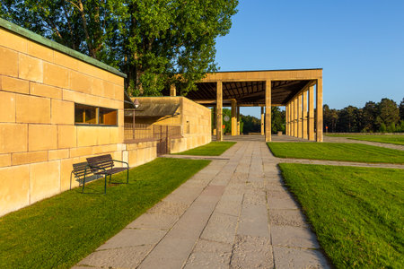 View of the crematorium in the Skogskyrkogarden, Woodland Cemetery located in the Gamla Enskede district south of central Stockholm, Sweden.のeditorial素材