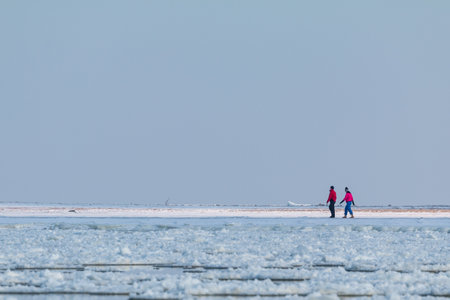 Sobieszewska Island, North Poland - 04 March 2018: People on a walk on Sobieszewska Island. Winter landscape. A beach strewn with snow, an ice floe floating on the waters of the bay.のeditorial素材