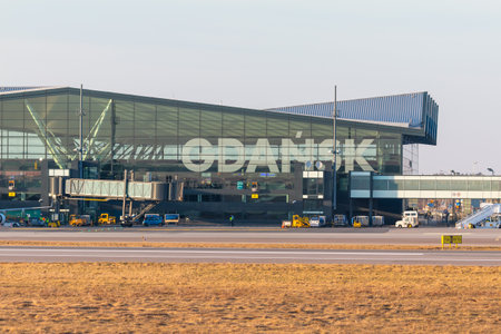 Gdansk, Poland - 07 April 2018: Gdansk, Poland - 11 March 2018: Plane line Ryanair on Lech Walesa Airport in Gdansk. Sunny spring day.のeditorial素材