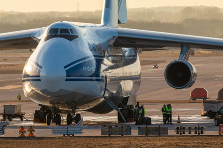 Gdansk, Poland - March 21, 2018: Antonow An-124 by Volga-Dnepr Airlines at Lech Walesa airport in Gdansk. Strategic airlift, four-engined aircraft.のeditorial素材