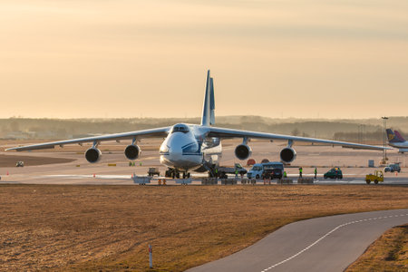 Gdansk, Poland - March 21, 2018: Antonow An-124 by Volga-Dnepr Airlines at Lech Walesa airport in Gdansk. Strategic airlift, four-engined aircraft.のeditorial素材