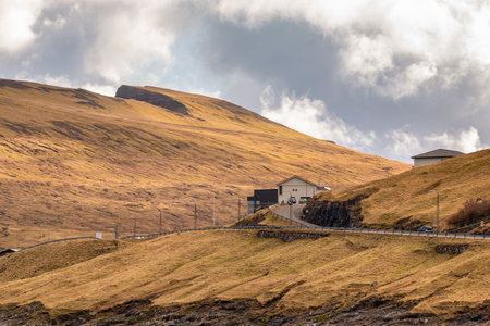 Sandavagur, Faroe Islands - 29 April 2018: View of the village on Vagar island. A small village situated on the slope of a hill. Faroe Islandのeditorial素材