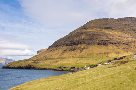Bour, Faroe Islands - 30 April 2018: View of the Bour on Vagar island. A small village situated on the slope of a hill.のeditorial素材