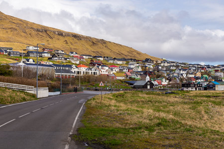 Stongum, Faroe Islands - 30 April 2018: View of the Stongum on Vagar island. A small village situated on the slope of a hill.のeditorial素材