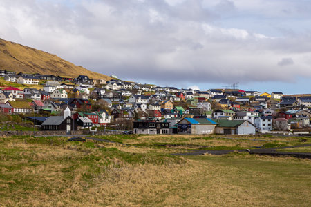 Stongum, Faroe Islands - 30 April 2018: View of the Stongum on Vagar island. A small village situated on the slope of a hill.のeditorial素材