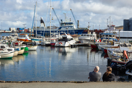 Thorshavn, Faroe Islands, Denmark - 03 May 2018: Thorshavn city, capital of The Faroe Islands. Port with moored yachts and boats.のeditorial素材