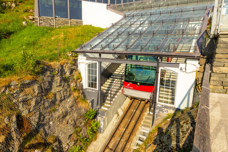 Bergen, Norway - 28 May 2018: The Floibanen is a funicular railway in the Norwegian city of Bergen It connects the city center with the mountain of Floyen, with its mountain walks.のeditorial素材