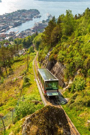 Bergen, Norway - 28 May 2018: The Floibanen is a funicular railway in the Norwegian city of Bergen It connects the city center with the mountain of Floyen, with its mountain walks.のeditorial素材