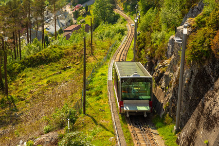 Bergen, Norway - 28 May 2018: The Floibanen is a funicular railway in the Norwegian city of Bergen It connects the city center with the mountain of Floyen, with its mountain walks.のeditorial素材