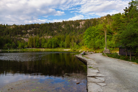 Bergen, Norway - May 28, 2018: View across Skomakerdiket lake on Mount Floyen, Bergen, Hordaland.のeditorial素材