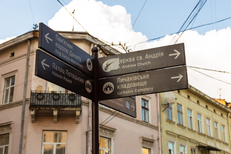 Lviv, Ukraine - 06 June 2018: Signpost with the tourist attractions of Lviv. Building in the background.のeditorial素材