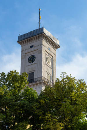 Town Hall observation tower with a clock, historical Old town of Lviv, Ukraine.の写真素材