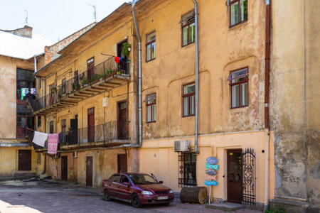 Lviv, Ukraine - 09 June 2018: Traditional tenement house in a historical Old town of Lviv.のeditorial素材