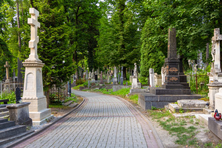 Lviv, Ukraine - 09 June 2018: Graves in Lychakiv Cemetery, State History and Culture Museum-Preserve, historic cemetery in Lviv.のeditorial素材
