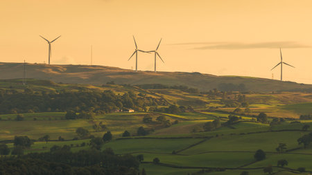 Wind power plants in the Yorkshire Dales ,. Beautiful sunset. Sedbergh, UK.
