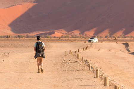 Sossusvlei, Namibia 01 October 2018: Woman on a path to dune in the southern part of the Namib Desert in the Namib-Naukluft National Park of Namibia. beautiful sunrise.のeditorial素材