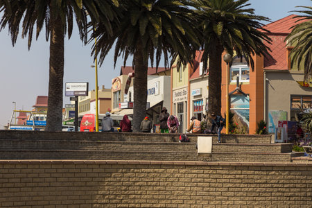 Swakopmund, Namibia - October 03, 2018: Promenade in Swakopmund. Exotic vegetation.のeditorial素材