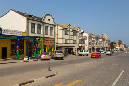 Swakopmund, Namibia - October 03, 2018: Old German colonial building. Center of the town.